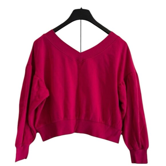 Wild Fable Hot Pink V-Neck Cropped Balloon Sleeve Sweatshirt Juniors Size Large - Picture 1 of 5